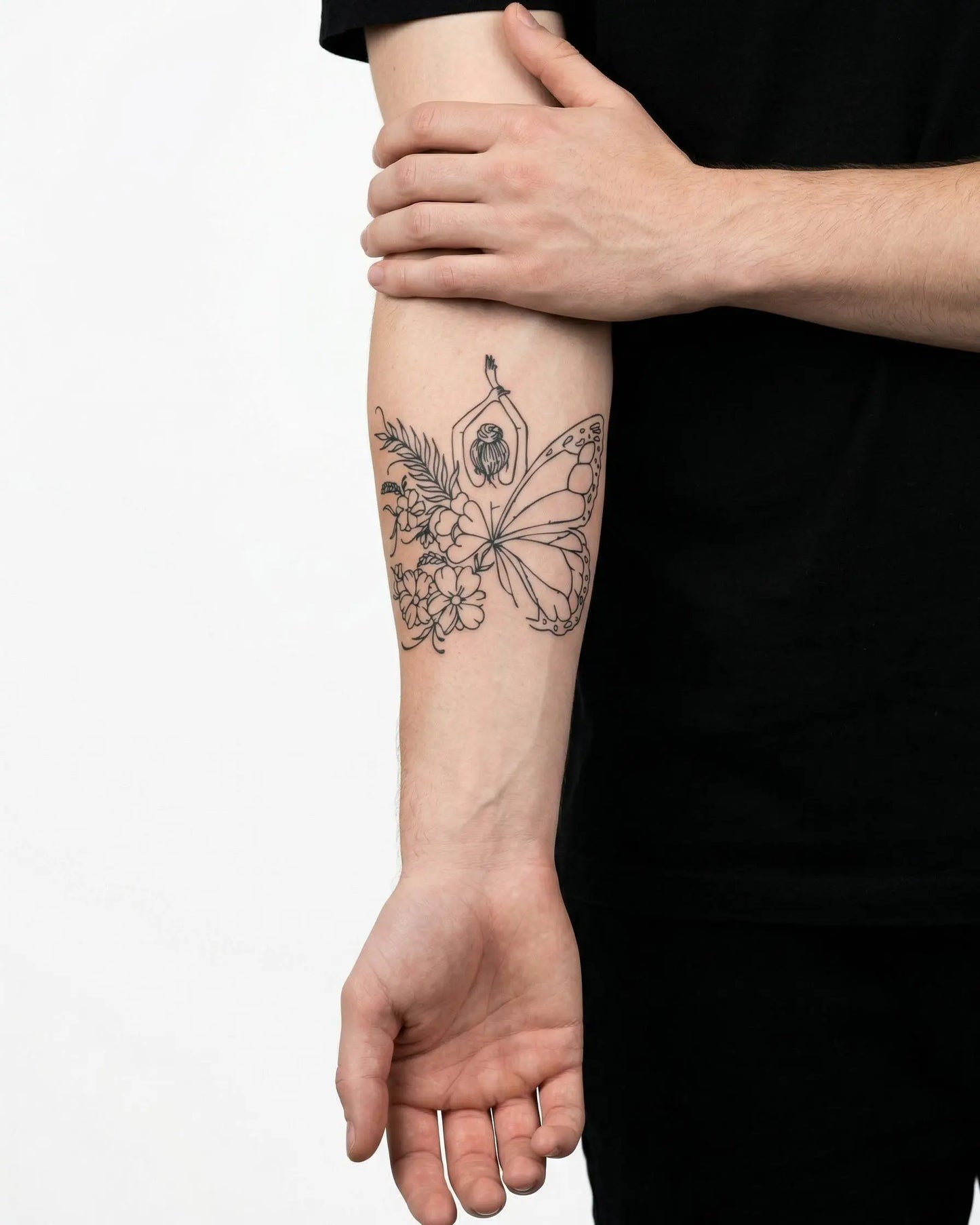 INKON Floral Butterfly Woman semi-permanent tattoo applied on a man – 4 x 4 in (9x9cm) design, realistic ink look, lasts 10 days