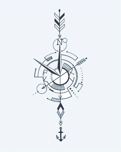 Nautical Compass Arrow semi-permanent tattoo design by INKON – minimalist, compass, arrow, anchor, fine illustration, 4 x 7 in (10x17cm), available at inkon.co