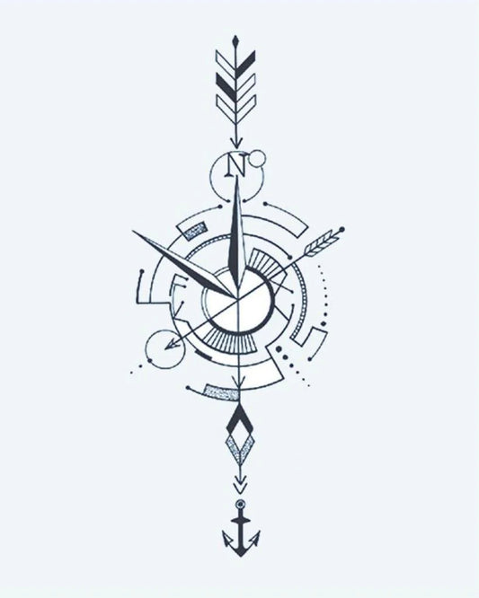 Nautical Compass Arrow semi-permanent tattoo design by INKON – minimalist, compass, arrow, anchor, fine illustration, 4 x 7 in (10x17cm), available at inkon.co