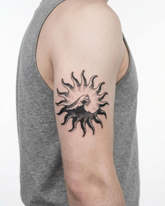 INKON Sun & Wave semi-permanent tattoo applied on a man – 4 x 4 in (9x9cm) design, realistic ink look, lasts 10 days