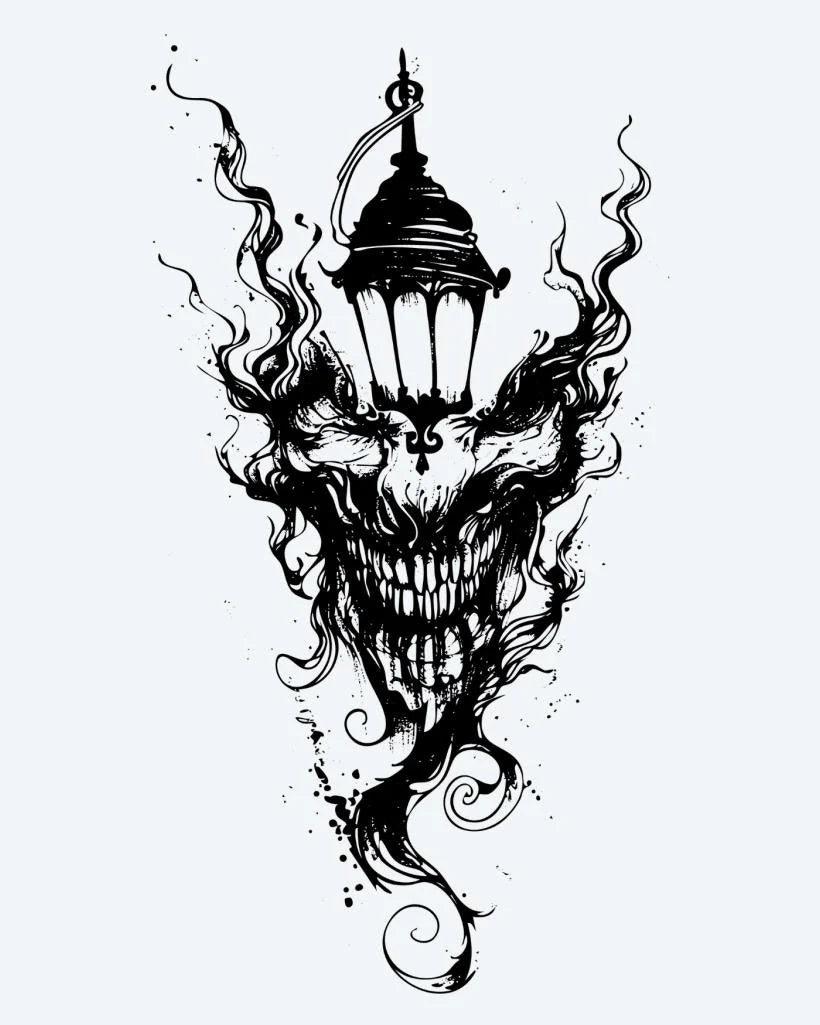 Demon Lantern semi-permanent tattoo design by INKON – sinister, skull, faced, demon, merging illustration, 4 x 7 in (10x17cm), available at inkon.co