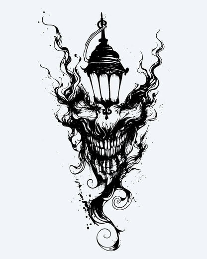 Demon Lantern semi-permanent tattoo design by INKON – sinister, skull, faced, demon, merging illustration, 4 x 7 in (10x17cm), available at inkon.co