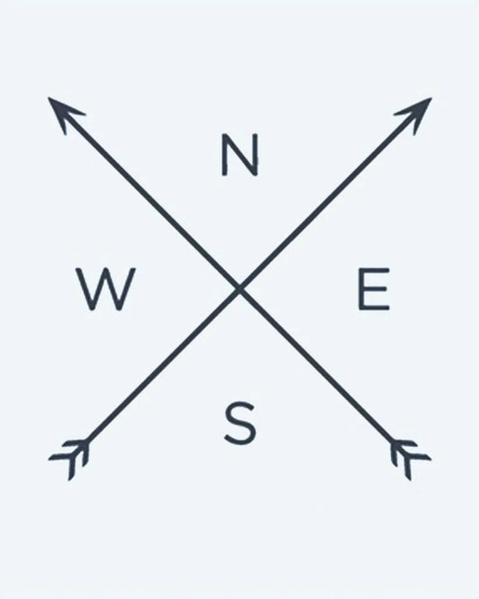 Compass Arrows semi-permanent tattoo design by INKON – minimalist, crossed, arrows, cardinal, points illustration, 2 x 2 in (5x5cm), available at inkon.co