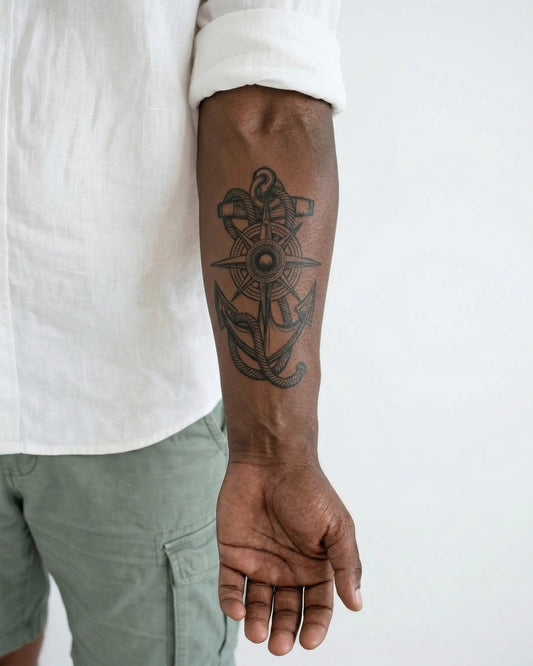 INKON Anchor & Compass Rose semi-permanent tattoo applied on a man – 4 x 7 in (10x17cm) design, realistic ink look, lasts 10 days
