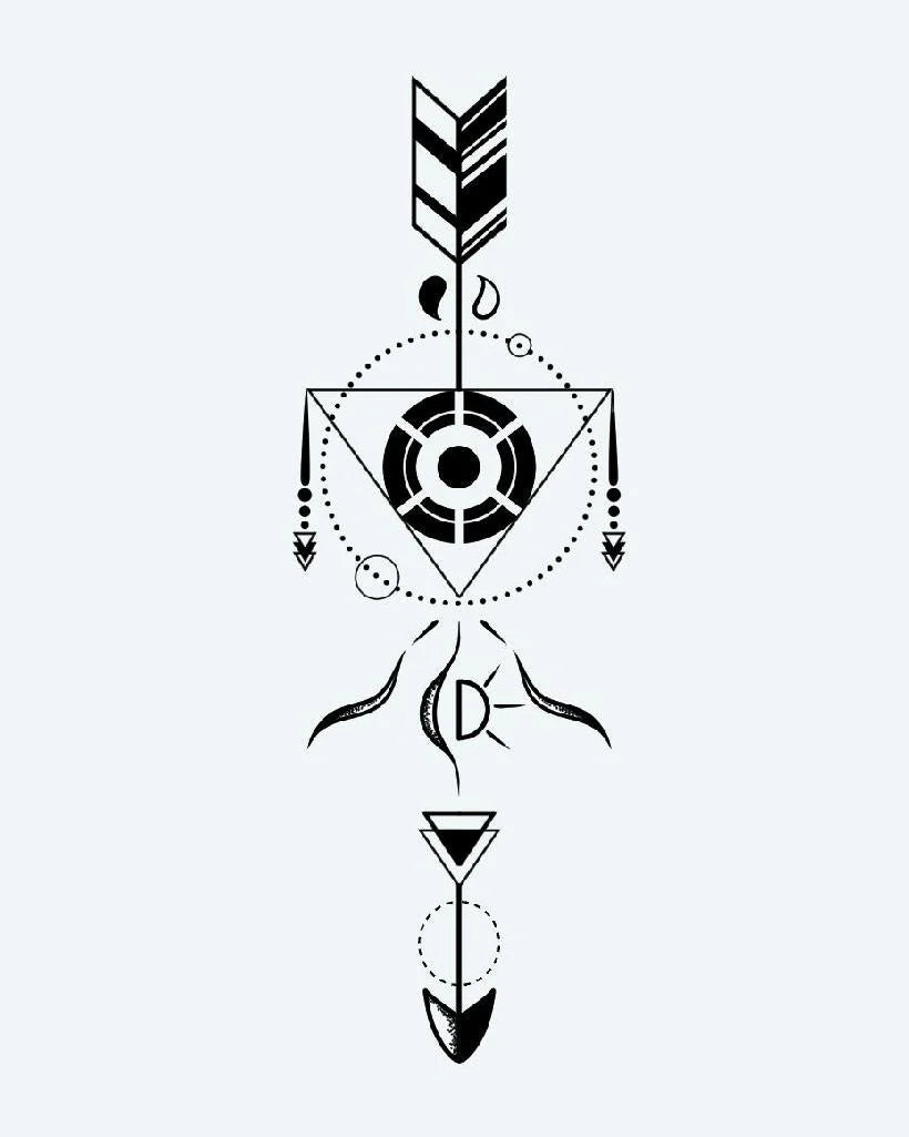 Geometric Arrow semi-permanent tattoo design by INKON – crisp, fine, lines, precise, dotwork illustration, 4 x 7 in (10x17cm), available at inkon.co