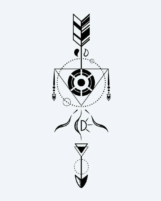 Geometric Arrow semi-permanent tattoo design by INKON – crisp, fine, lines, precise, dotwork illustration, 4 x 7 in (10x17cm), available at inkon.co