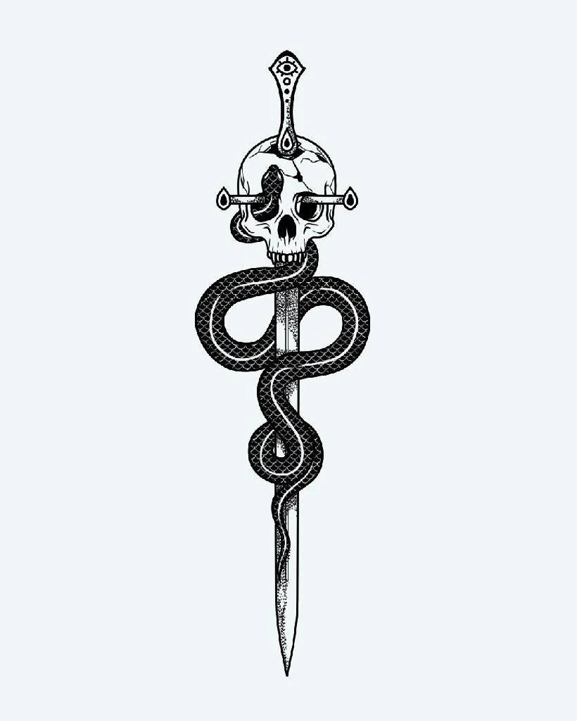 Serpent & Skull Dagger semi-permanent tattoo design by INKON – illustrative, blackwork, coiled, serpent, dagger illustration, 4 x 7 in (10x17cm), available at inkon.co