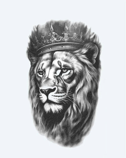 Crowned Lion 2 semi-permanent tattoo design by INKON – regal, lion, portrait, wearing, ornate illustration, 4 x 8 in (11x21cm), available at inkon.co