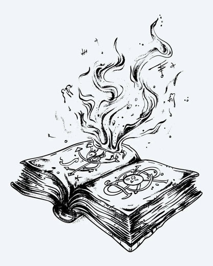 Burning Spell Book semi-permanent tattoo design by INKON – open, ancient, spell, book, mystical illustration, 4 x 4 in (9x9cm), available at inkon.co