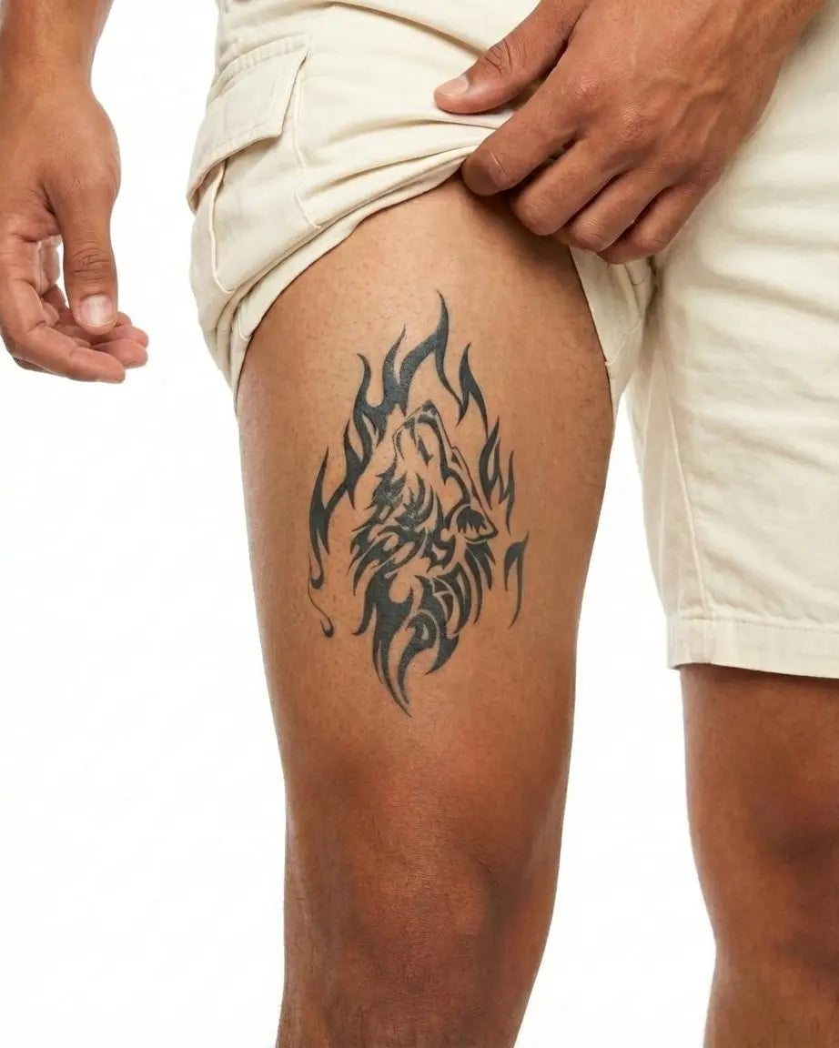 INKON Tribal Howling Wolf semi-permanent tattoo applied on a man – 4 x 7 in (10x17cm) design, realistic ink look, lasts 10 days