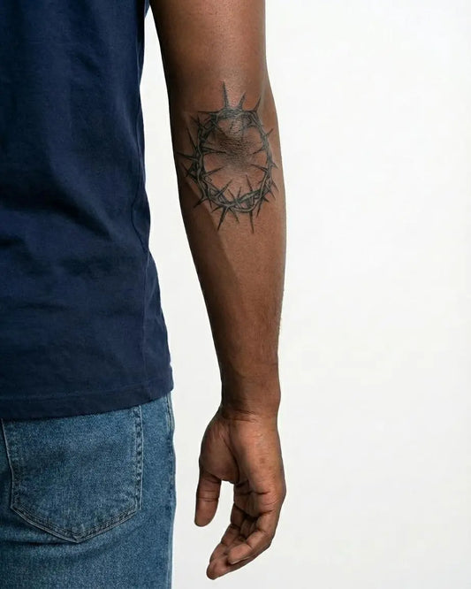 INKON Crown of Thorns semi-permanent tattoo applied on a man – 4 x 4 in (9x9cm) design, realistic ink look, lasts 10 days