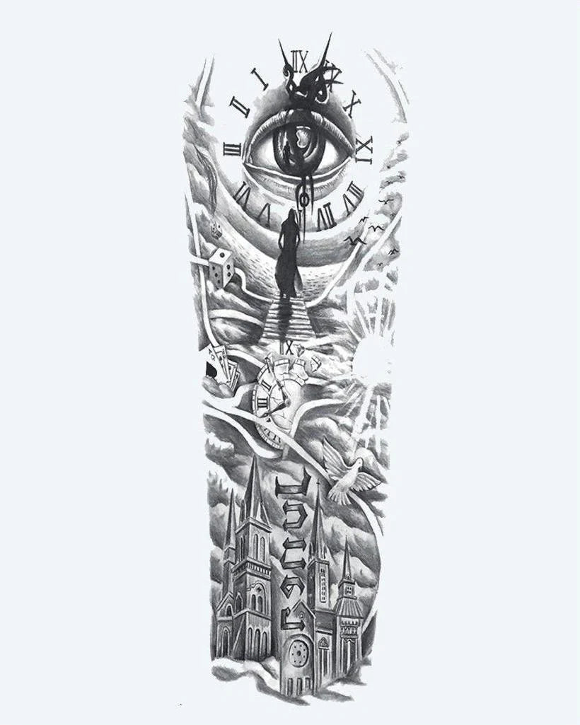 Eye, Clock & Cathedral Sleeve semi-permanent tattoo design by INKON – full, sleeve, seeing, inside, roman illustration, 8 x 20 in (20x50cm), available at inkon.co