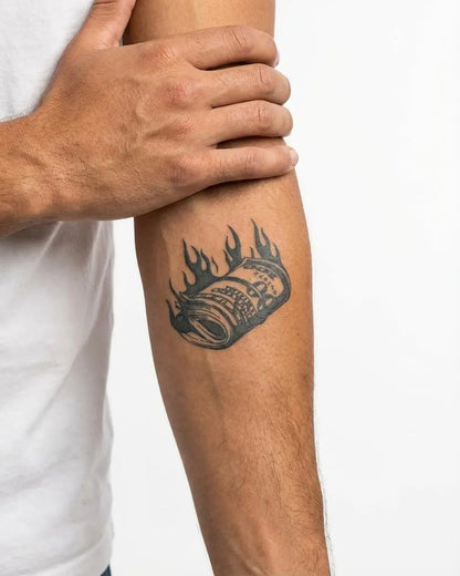 INKON Burning Money Roll semi-permanent tattoo applied on a man – 3 x 4 in (7x10cm) design, realistic ink look, lasts 10 days