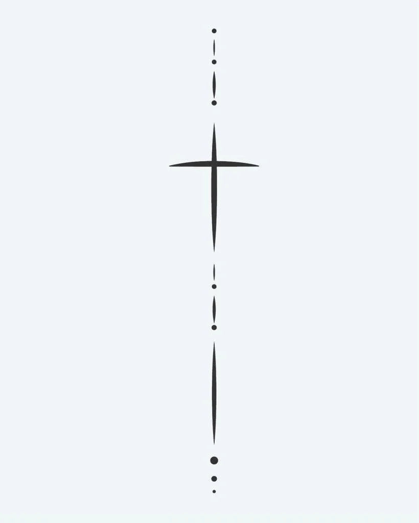 Minimalist Cross & Dots semi-permanent tattoo design by INKON – delicate, fine, line, cross, elongated illustration, 4 x 7 in (10x17cm), available at inkon.co