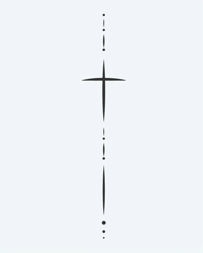 Minimalist Cross & Dots semi-permanent tattoo design by INKON – delicate, fine, line, cross, elongated illustration, 4 x 7 in (10x17cm), available at inkon.co
