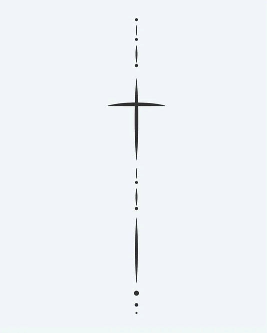 Minimalist Cross & Dots semi-permanent tattoo design by INKON – delicate, fine, line, cross, elongated illustration, 4 x 7 in (10x17cm), available at inkon.co