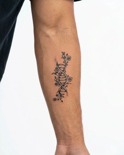 INKON Floral DNA Helix semi-permanent tattoo applied on a man – 3 x 4 in (6x11cm) design, realistic ink look, lasts 10 days