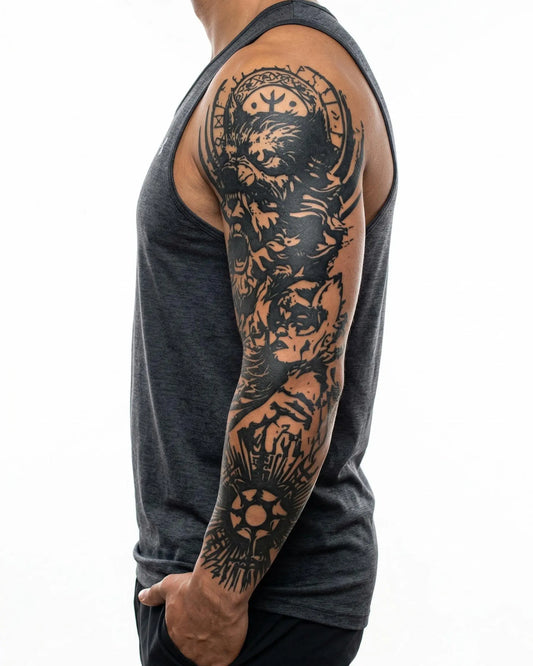 INKON Viking Warrior Sleeve semi-permanent tattoo applied on a man – 8 x 20 in (20x50cm) design, realistic ink look, lasts 10 days