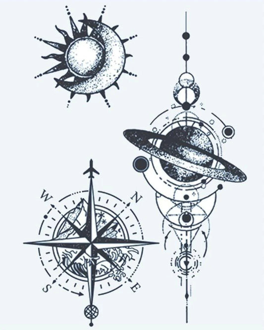 Cosmic Navigation semi-permanent tattoo design by INKON – celestial, designs, compass, rose, mountains illustration, 4 x 7 in (10x17cm), available at inkon.co