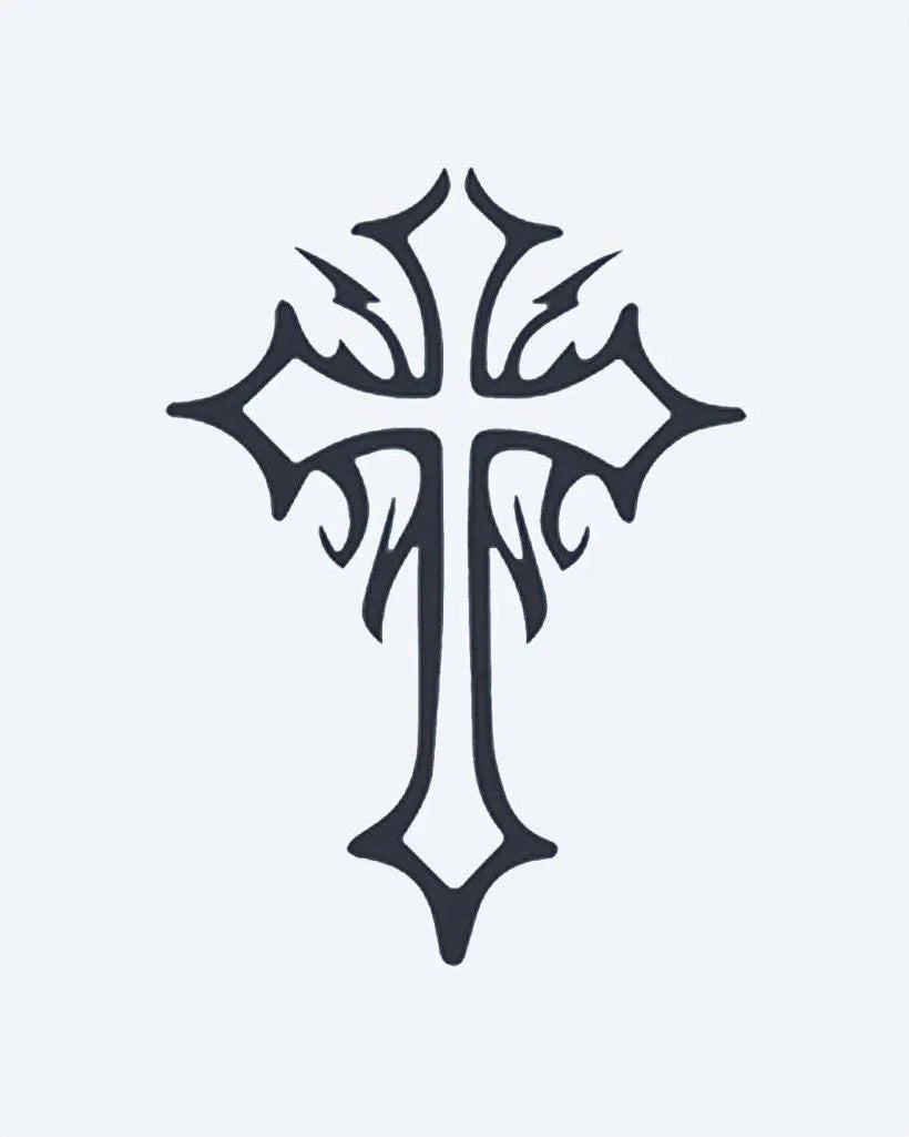 Gothic Cross 3 semi-permanent tattoo design by INKON – gothic, cross, ornate, pointed, edges illustration, 2 x 2 in (5x5cm), available at inkon.co