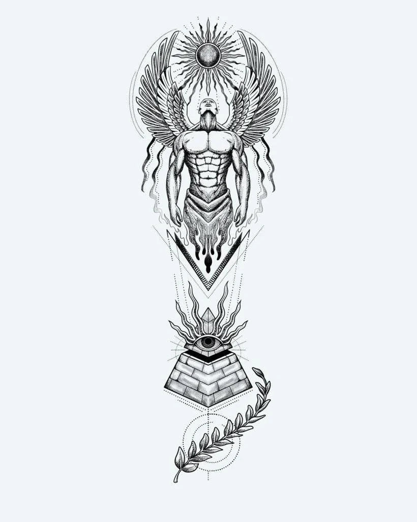 Egyptian Guardian Angel & Pyramid semi-permanent tattoo design by INKON – stunning, egyptian, winged, guardian, figure illustration, 8 x 20 in (20x50cm), available at inkon.co