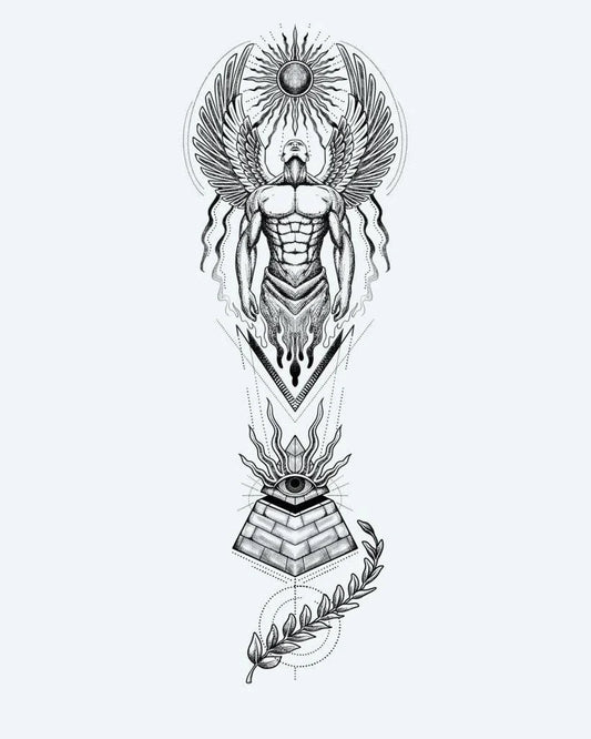Egyptian Guardian Angel & Pyramid semi-permanent tattoo design by INKON – stunning, egyptian, winged, guardian, figure illustration, 8 x 20 in (20x50cm), available at inkon.co