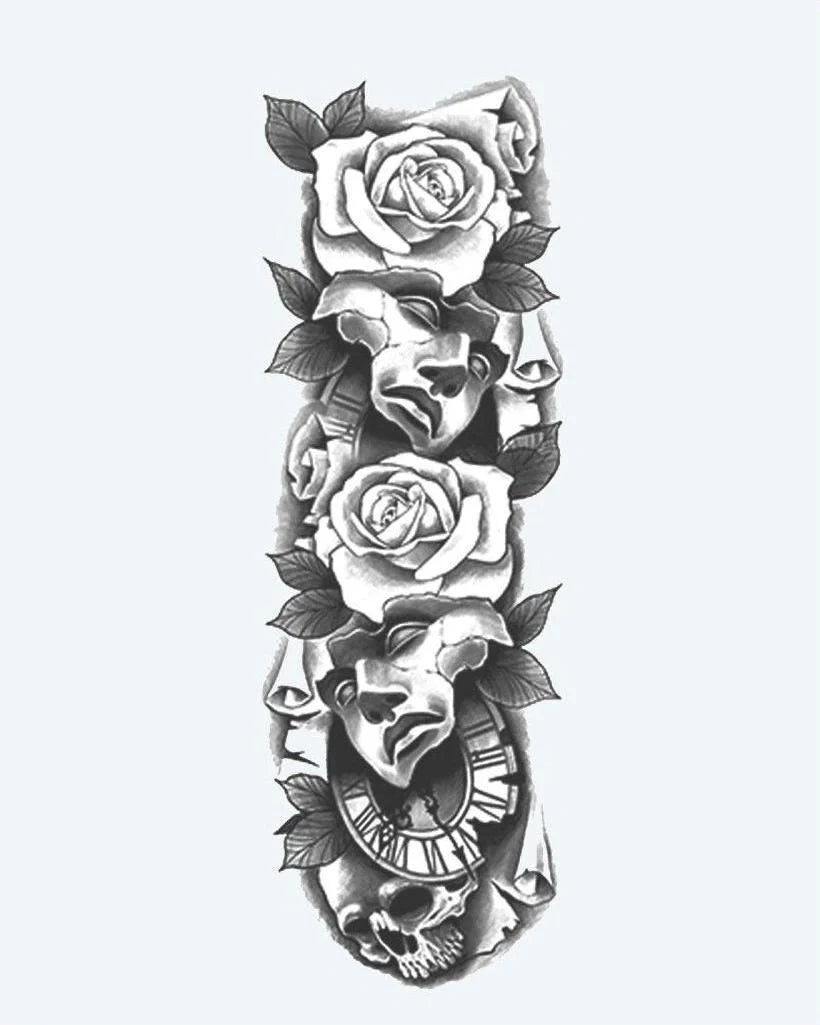 Theater Masks, Roses & Skull semi-permanent tattoo design by INKON – expressive, full, sleeve, comedy, tragedy illustration, 8 x 20 in (20x50cm), available at inkon.co