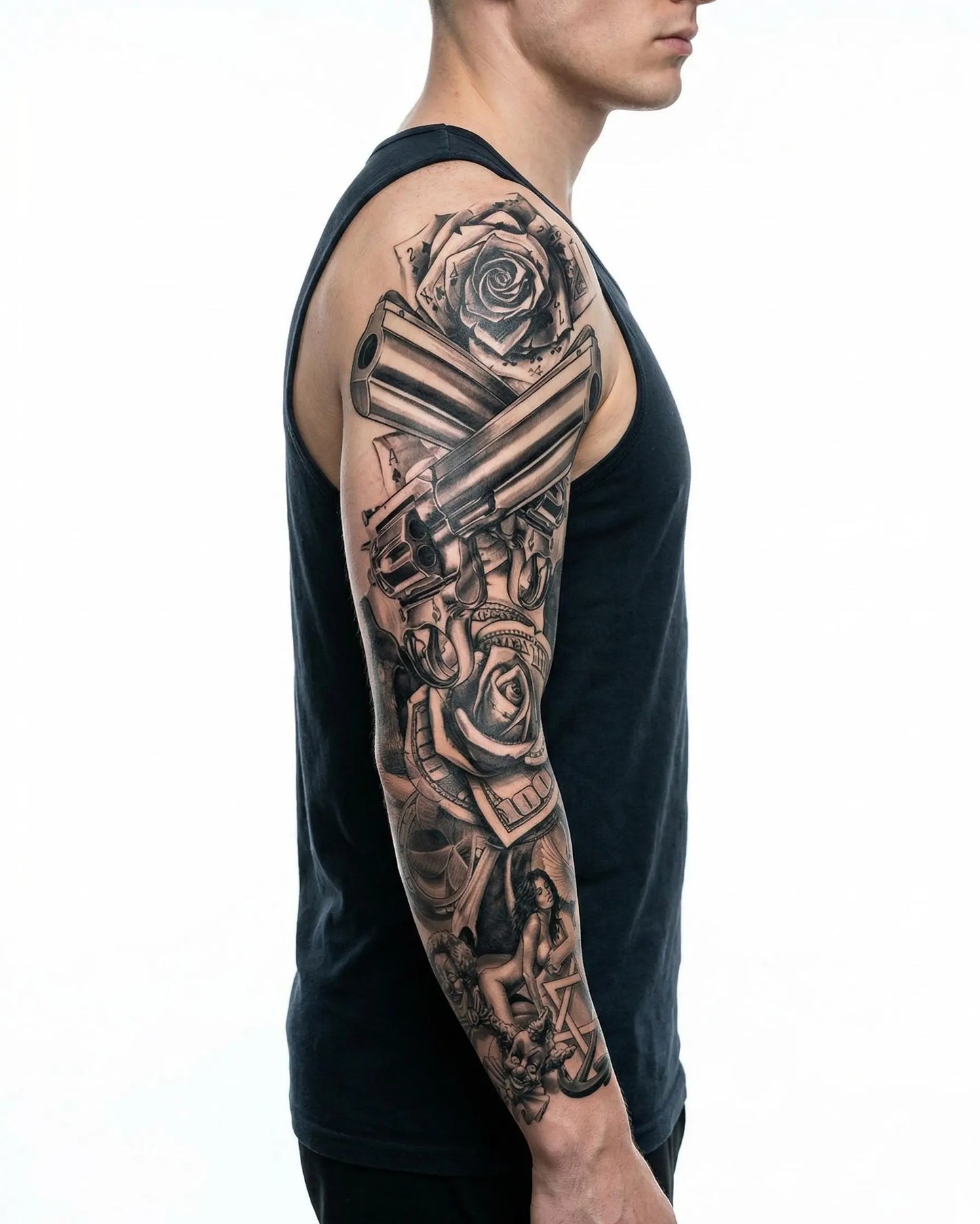 INKON Revolvers & Roses semi-permanent tattoo applied on a man – 8 x 20 in (20x50cm) design, realistic ink look, lasts 10 days