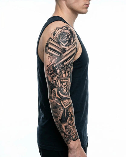 INKON Revolvers & Roses semi-permanent tattoo applied on a man – 8 x 20 in (20x50cm) design, realistic ink look, lasts 10 days