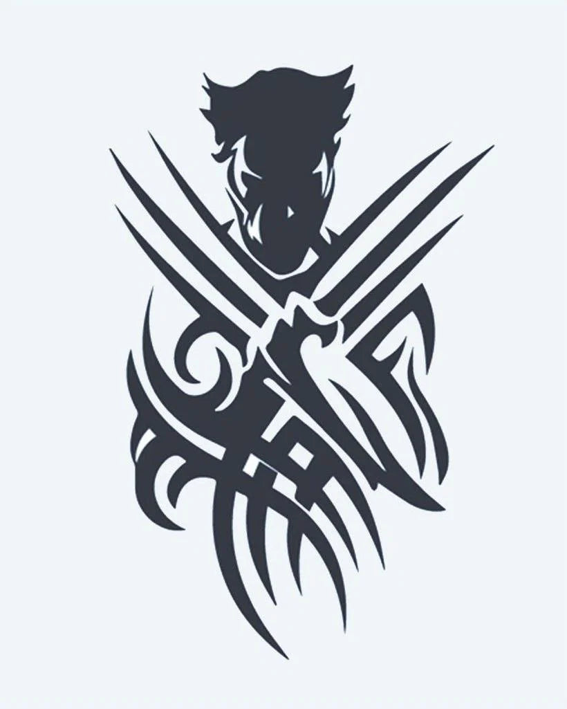 Tribal Warrior Claws semi-permanent tattoo design by INKON – silhouette, warrior, extended, claws, tribal illustration, 4 x 7 in (10x17cm), available at inkon.co