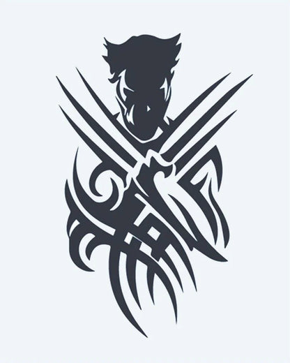 Tribal Warrior Claws semi-permanent tattoo design by INKON – silhouette, warrior, extended, claws, tribal illustration, 4 x 7 in (10x17cm), available at inkon.co