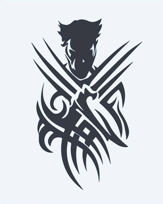 Tribal Warrior Claws semi-permanent tattoo design by INKON – silhouette, warrior, extended, claws, tribal illustration, 4 x 7 in (10x17cm), available at inkon.co