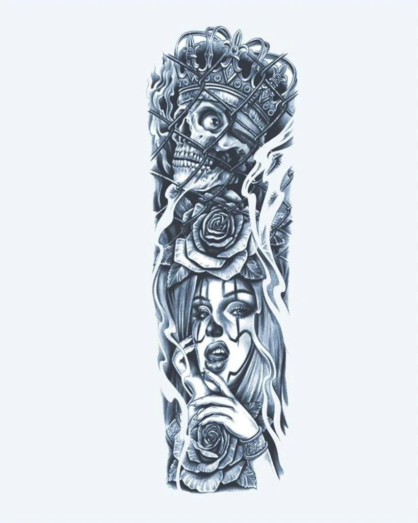 Skull King & Queen semi-permanent tattoo design by INKON – dark, full, sleeve, crowned, skull illustration, 8 x 20 in (20x50cm), available at inkon.co