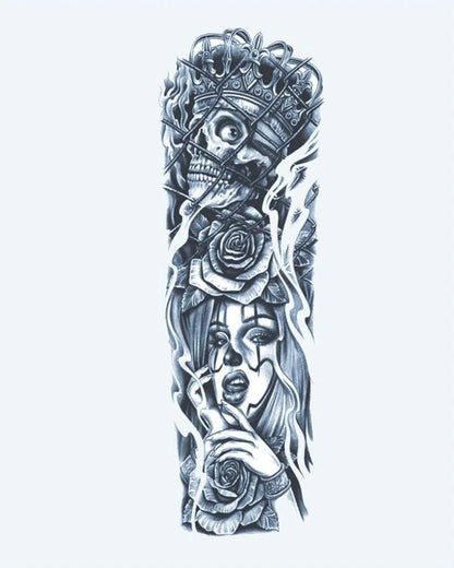 Skull King & Queen semi-permanent tattoo design by INKON – dark, full, sleeve, crowned, skull illustration, 8 x 20 in (20x50cm), available at inkon.co