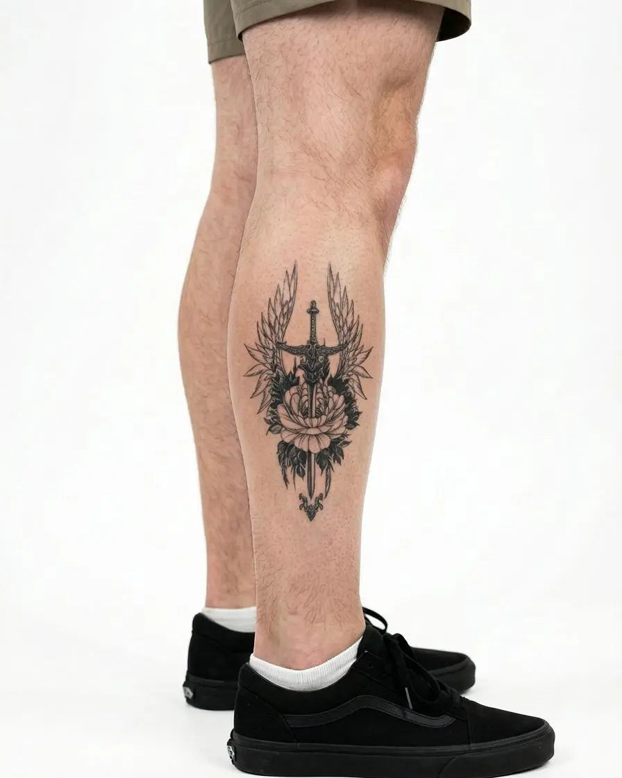 INKON Winged Sword & Peony semi-permanent tattoo applied on a man – 4 x 7 in (10x17cm) design, realistic ink look, lasts 10 days
