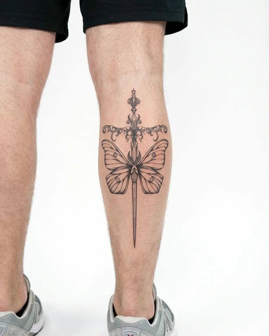 INKON Moth & Ornate Dagger semi-permanent tattoo applied on a man – 4 x 8 in (11x21cm) design, realistic ink look, lasts 10 days