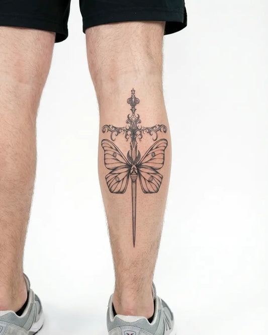 INKON Moth & Ornate Dagger semi-permanent tattoo applied on a man – 4 x 8 in (11x21cm) design, realistic ink look, lasts 10 days