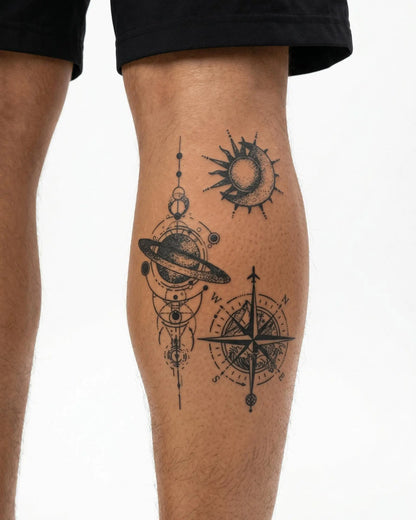 INKON Cosmic Navigation semi-permanent tattoo applied on a man – 4 x 7 in (10x17cm) design, realistic ink look, lasts 10 days