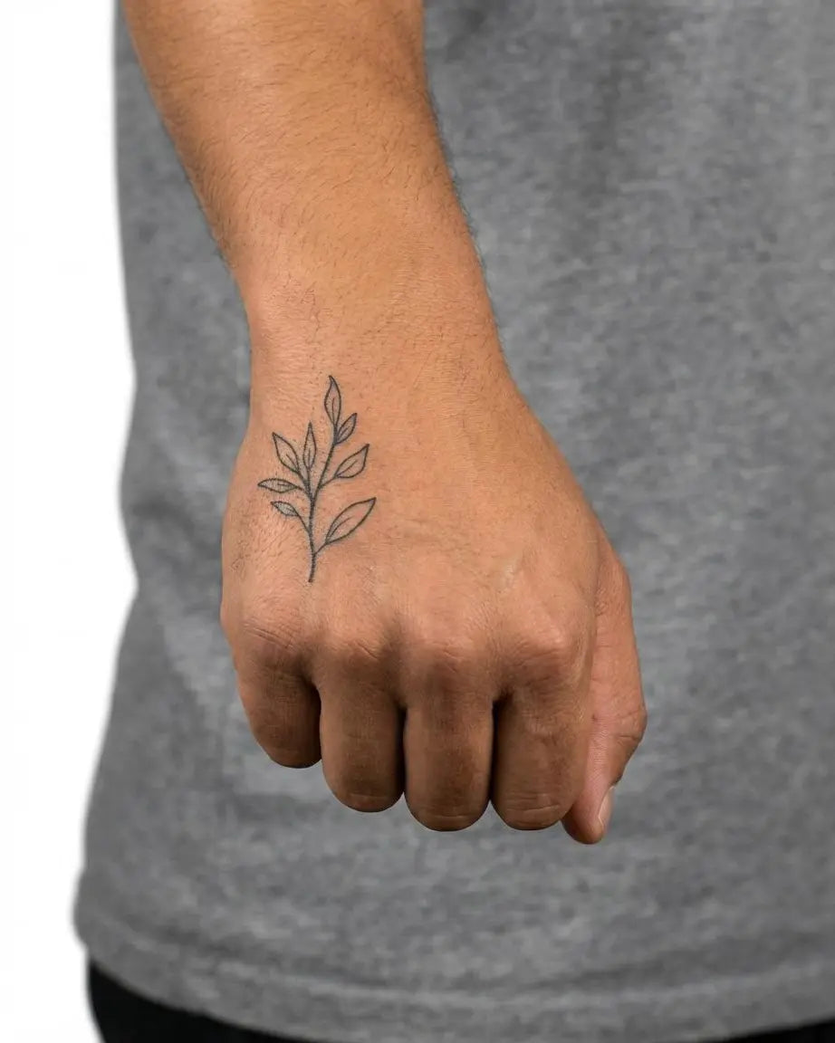 INKON Leaf Branch semi-permanent tattoo applied on a man – 2 x 2 in (5x5cm) design, realistic ink look, lasts 10 days
