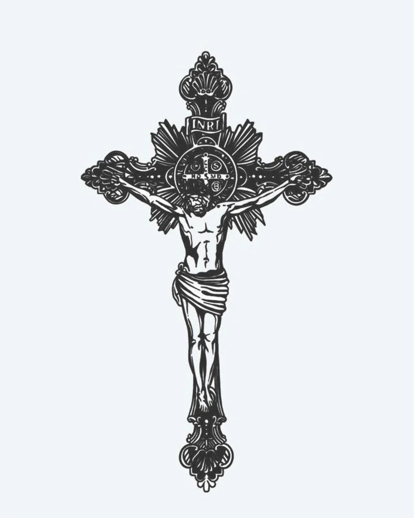 Crucifix semi-permanent tattoo design by INKON – ornate, baroque, crucifix, scrollwork, radiant illustration, 4 x 7 in (10x17cm), available at inkon.co