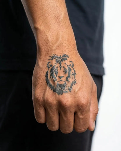 INKON Lion Portrait semi-permanent tattoo applied on a man – 2 x 2 in (5x5cm) design, realistic ink look, lasts 10 days