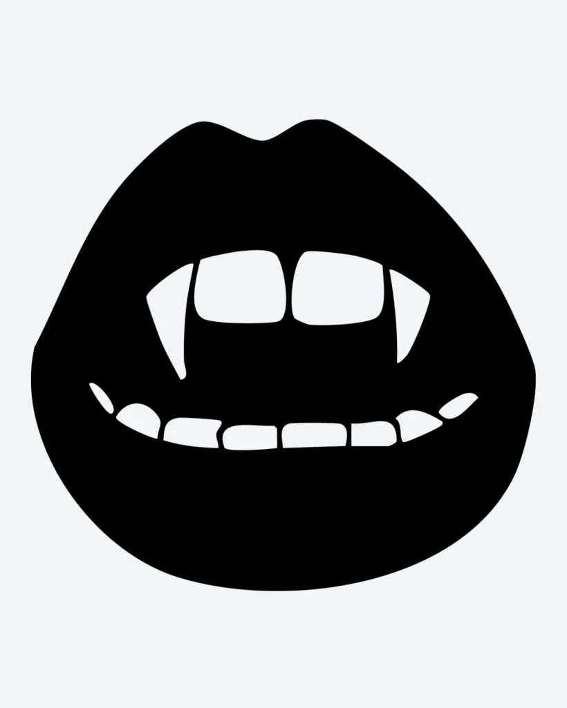 Vampire Lips semi-permanent tattoo design by INKON – open, lips, revealing, sharp, vampire illustration, 2 x 2 in (5x5cm), available at inkon.co