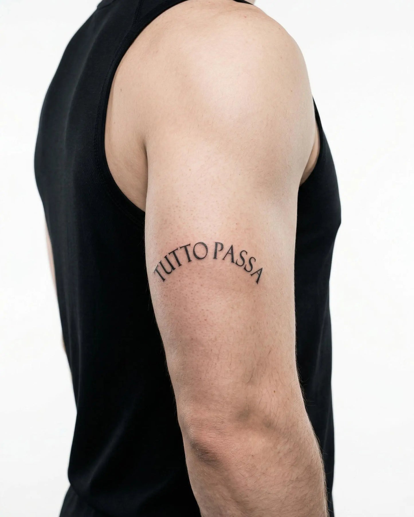 INKON Tutto Passa semi-permanent tattoo applied on a man – 3 x 4 in (6x11cm) design, realistic ink look, lasts 10 days