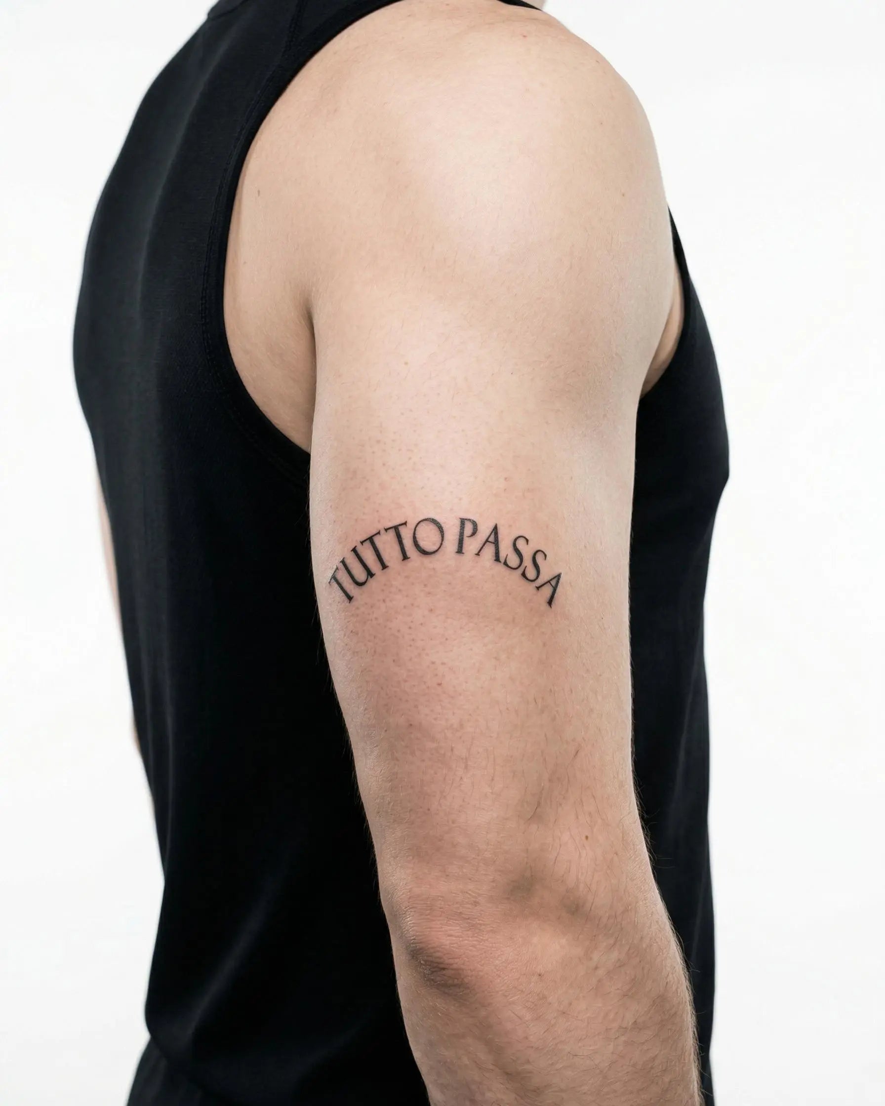 INKON Tutto Passa semi-permanent tattoo applied on a man – 3 x 4 in (6x11cm) design, realistic ink look, lasts 10 days