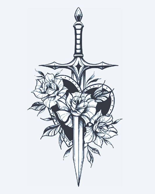 Sword & Roses Shield semi-permanent tattoo design by INKON – dagger, piercing, through, heart, shaped illustration, 4 x 7 in (10x17cm), available at inkon.co