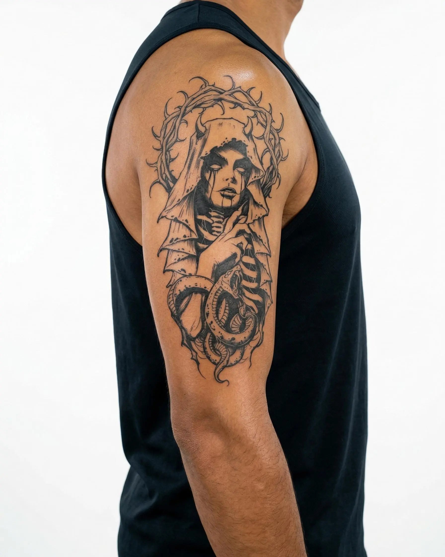 INKON Veiled Lady & Serpent semi-permanent tattoo applied on a man – 4 x 8 in (11x21cm) design, realistic ink look, lasts 10 days