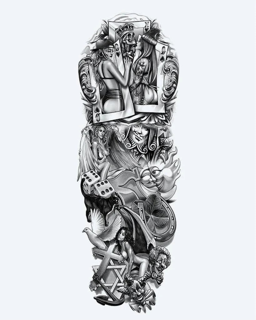 Casino & Pin-Up Girls semi-permanent tattoo design by INKON – playful, full, sleeve, playing, cards illustration, 8 x 20 in (20x50cm), available at inkon.co
