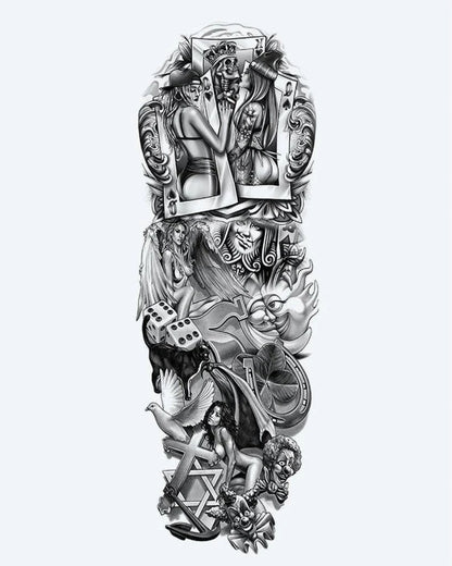 Casino & Pin-Up Girls semi-permanent tattoo design by INKON – playful, full, sleeve, playing, cards illustration, 8 x 20 in (20x50cm), available at inkon.co