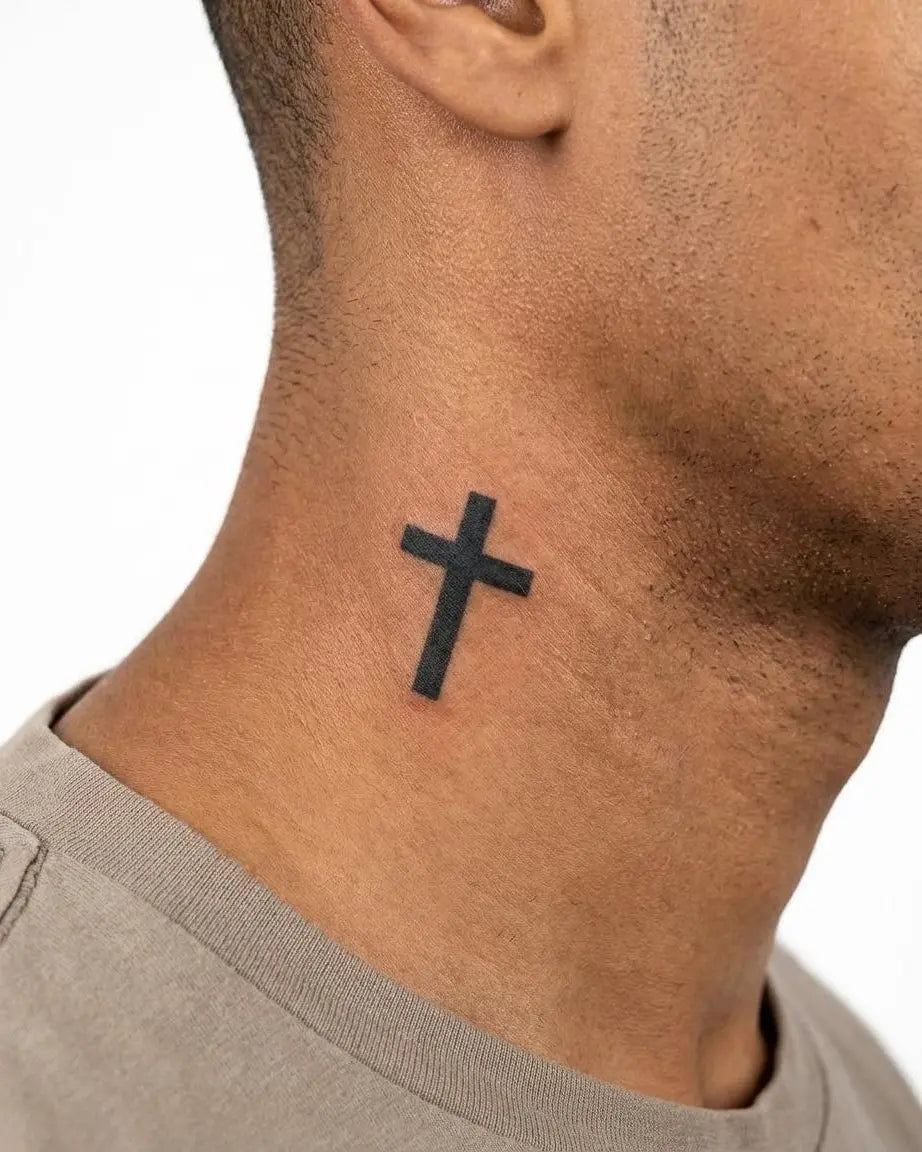 INKON Classic Cross semi-permanent tattoo applied on a man – 2 x 2 in (5x5cm) design, realistic ink look, lasts 10 days
