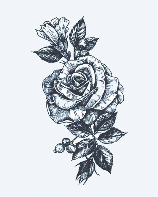Rose Bouquet semi-permanent tattoo design by INKON – beautifully, rose, bloom, surrounding, buds illustration, 4 x 7 in (10x17cm), available at inkon.co
